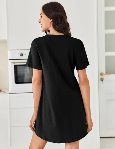 Miniatura 6 de Ekouaer Camisones para mujer de algodón Vestidos de noche Plisados Camisones Henley Cuello en V Camisas de dormir de manga corta Ropa de dormir
