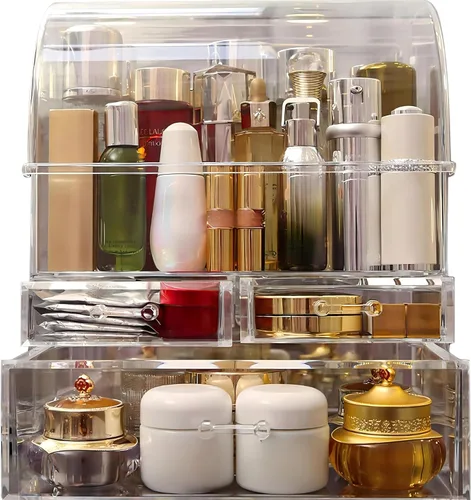 Miniatura 8 de Organizador de maquillaje acrílico grande transparente con tapa, cajones de almacenamiento de cosméticos, organizadores de maquillaje portátiles