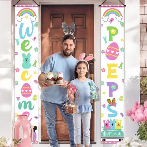 Miniatura 3 de Letrero Banner de Bienvenida de Conejito para Porche, 2 piezas Decoración de Puerta de Pascua Feliz, Tema de Ratón Letrero de Bienvenida para Puerta