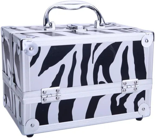 Miniatura 2 de Caja de tren de maquillaje de aluminio ligero, joyero, organizador de cosméticos con espejo (9.06 x 5.91 x 5.91) (largo x ancho x alto) cebra