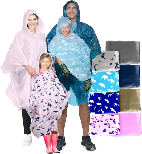 Ponchos de lluvia desechables paquete familiar (paquete de 8) – Poncho de lluvia impermeable con capucha para adultos y niños – Paquete de poncho de