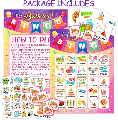 Miniatura 2 de YTSQLER Tarjetas de bingo de feliz cumpleaños, 24 jugadores, fiesta de cumpleaños, juego de bingo para niños, niñas y adultos, divertido juego