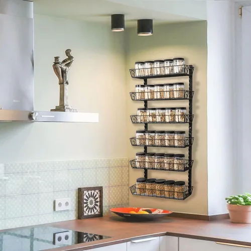 Miniatura 2 de SWOMMOLY Estante de especias ajustable para montaje en pared, organizador de 6 niveles de doble uso (multiuso), color negro