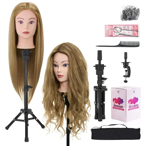 Miniatura 16 de Cabeza de maniquí de 28 pulgadas con 80 % cabello humano real, cabeza de muñeca para peinado, trenzado, rizado, cabeza de maniquí de cosmetología