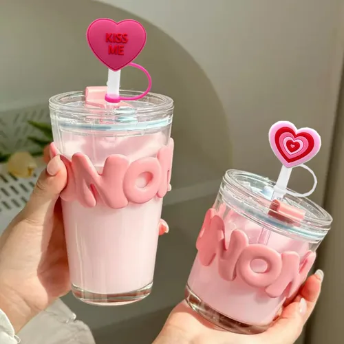 Miniatura 2 de 6 fundas para pajilla, 6 unidades, con diseño de corazón de silicona, para vasos con asa, protector de tapones a prueba de polvo, reutilizables