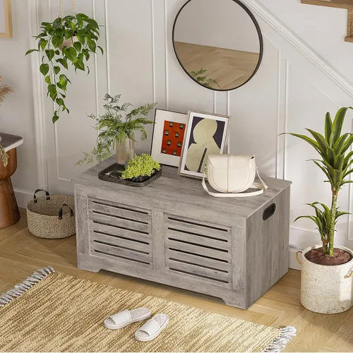 Miniatura 8 de DINZI LVJ Cofre de almacenamiento, caja de juguetes de madera de 39.4” con 2 bisagras de seguridad, banco de almacenamiento de zapatos retro