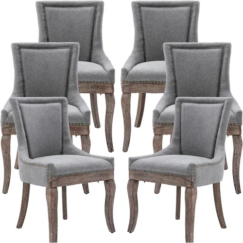 Sillas de Comedor - Juego de 6 sillas de comedor modernas, tapizadas de tela con respaldo alto con ribete de cabeza de clavo y patas curvas de