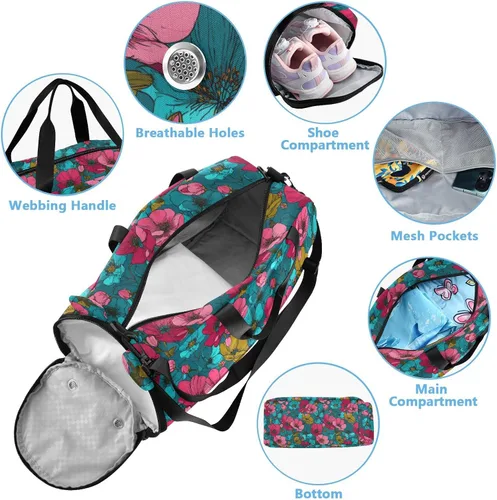 Miniatura 4 de Buttercup Turquoise Fuschia Line Drawing Gym Duffel Bag with Shoes Compartment Large Capacity Travel Duffel Bag for Beach Swim Bags Pool Sports