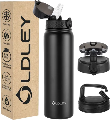 Miniatura 20 de Botella de agua aislada Oldley de 12 oz con pajita, botella de agua de acero inoxidable con 2 tapas, botellas de doble pared con vacío para adultos