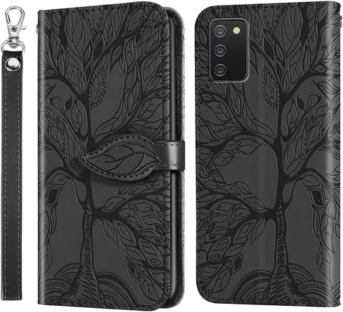 Funda tipo cartera compatible con Samsung Galaxy A03S, funda de cuero con tarjetero y correa magnética para muñeca, a prueba de golpes, para Samsung
