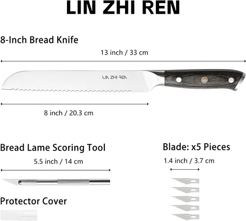 Miniatura 2 de Cuchillo de pan, cuchillos de pan de 8 pulgadas para masa madre de pan casera, hoja dentada de acero inoxidable alemán de alto carbono, hoja