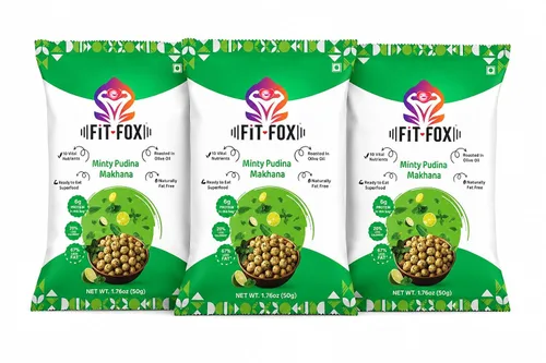 FIT FOX Minty Pudina Makhana, paquete de 3 (1.76 onzas cada uno) | Nueces de zorro asadas (semillas de loto) | Sabor refrescante a menta | Tostado