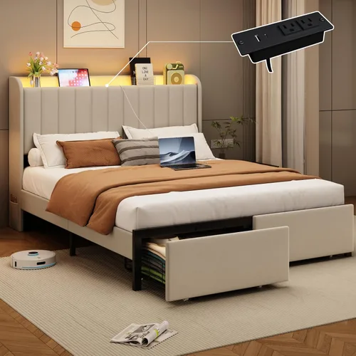 Miniatura 11 de Marco de cama completa con 4 cajones y cabecera de almacenamiento, marco de cama de plataforma tapizada tamaño completo con luces LED y práctica