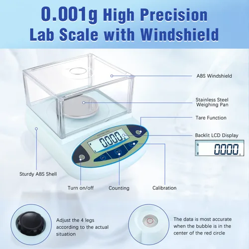 Miniatura 2 de FOUR E'S SCIENTIFIC Balanza de Laboratorio 300g x 0.001g de Precisión - Balanza Analítica de Laboratorio de Alta Precisión con Parabrisas Digital
