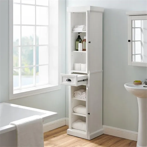 Miniatura 10 de Crosley Furniture Seaside - Armario de almacenamiento alto de lino y organizador de baño con cajón y estantes, color blanco envejecido