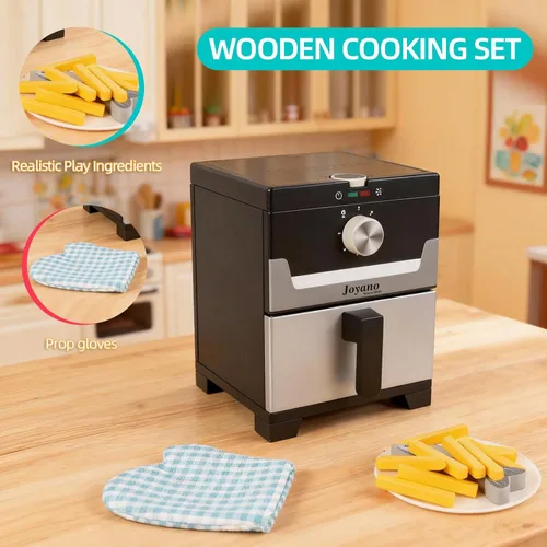 Miniatura 6 de Freidora de aire de madera, 15 piezas, juego de olla a presión de 18 piezas para niños, juguete de cocina con accesorios de alimentos, utensilios