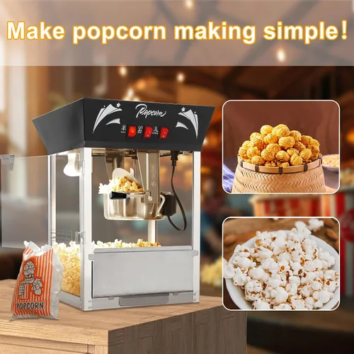 Miniatura 6 de Máquina comercial de palomitas de maíz de 12 onzas, máquina de palomitas de maíz de acero inoxidable con vidrio templado y plataforma de Negro