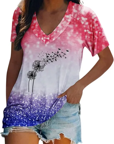 Women's V Neck Butterfly Print Short Sleeve T Shirt Top Casual Summer Blouse Outer Wear Women Tees & Blouses Tunic Tops