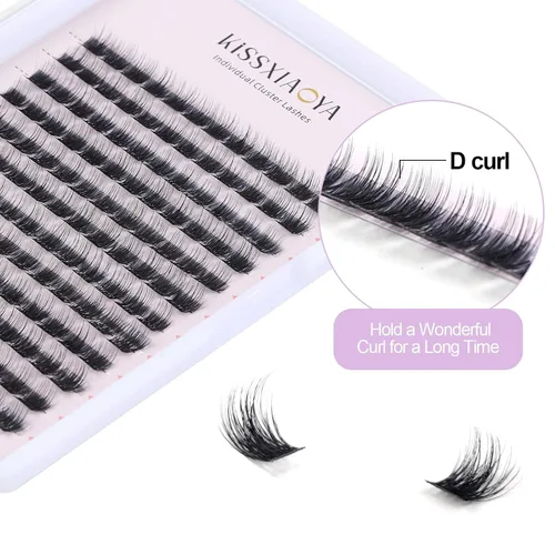 Miniatura 4 de KISSXIAOYA Extensiones de pestañas en racimo, 144 pestañas individuales en racimo D, 0.551 in, pestañas postizas de tallo ancho, suaves y naturales