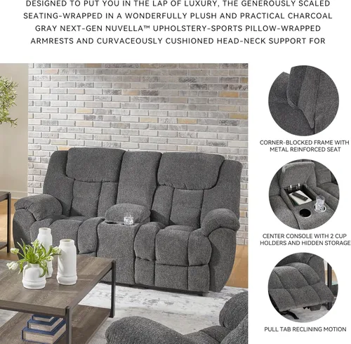 Miniatura 5 de Signature Design by Ashley Foreside - Sofá biplaza reclinable manual resistente a las manchas con consola, almacenamiento y portavasos, color gris