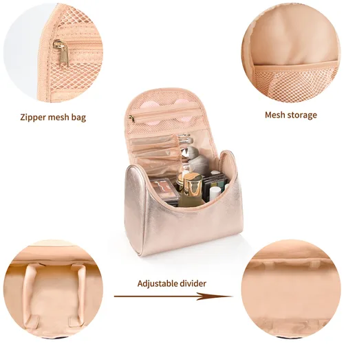 Miniatura 5 de Elegante estuche de maquillaje y aseo de viaje para mujer; estuche organizador de brochas y maquillaje de gran capacidad y hecho de cuero vegano