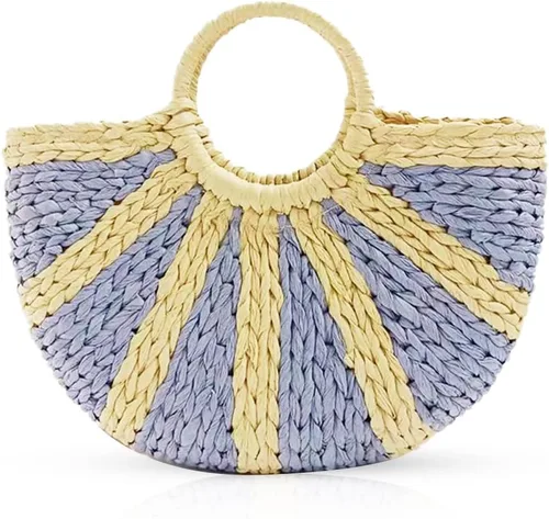 Bolsos de paja de ratán semicírculo, tejido a mano para mujer, bolso de asas retro de paja de verano, bolso cruzado colorido, bolso bohemio