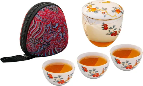 Miniatura 2 de Juego de té de cerámica portátil, juego de tetera de porcelana china de kungfu, tetera todo en uno, colador de té, 3 tazas de té, 1 bolsa de Naranja