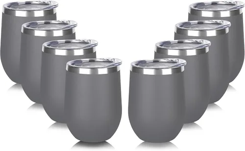 Miniatura 24 de DOMICARE - Juego de 8 vasos de vino de 12 onzas con tapa, hechos de acero inoxidable con aislamiento al vacío de doble pared, color celeste Azul