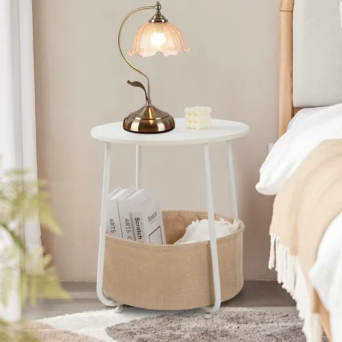 Miniatura 2 de YSSOA Mesa auxiliar redonda, mesas auxiliares para sala de estar, mesa auxiliar de cama pequeña, mesita de noche blanca moderna para mesita
