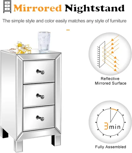 Miniatura 4 de VINGLI Mesita de noche con espejo con 3 cajones, mesa auxiliar plateada con espejo para espacios pequeños, dormitorio, sala de estar