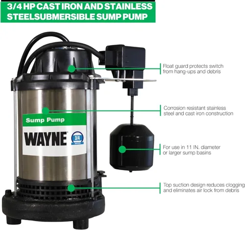 Miniatura 7 de Wayne 3/4 HP Bomba sumergible de hierro fundido y acero inoxidable de servicio pesado con NUEVO interruptor - Elimina hasta 5,490 galones de agua