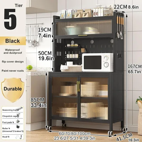 Miniatura 7 de Estantes de pie para panadero, estante de almacenamiento de cocina de 5 niveles con almacenamiento, estante de almacenamiento de cocina con ruedas