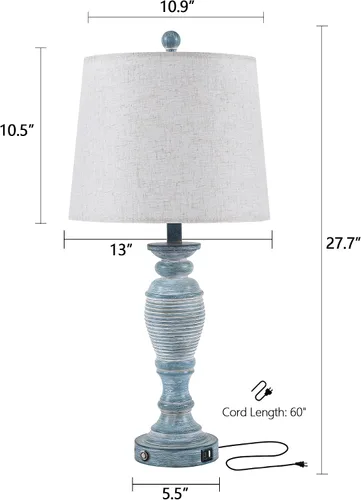 Miniatura 7 de Juego de 2 lámparas azules de mesa de 27.7 pulgadas para sala de estar con puertos USB A+C, lámpara táctil para dormitorio, 2 bombillas incluidas