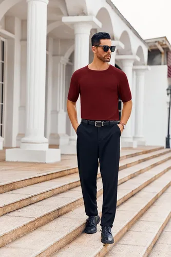 Miniatura 4 de Runcati Camiseta casual para hombre, elástica, de manga corta, de punto, ajustada, cuello redondo, suéter básico