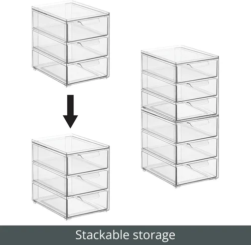 Miniatura 5 de mDesign Organizador apilable de plástico con 3 cajones, contenedor de almacenamiento con cajones extraíbles para fregadero de baño/organización