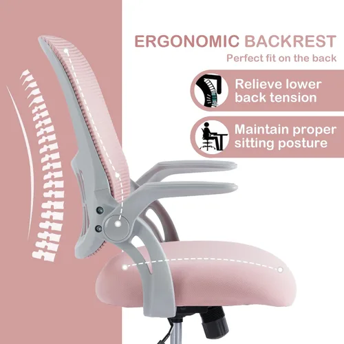 Miniatura 4 de Silla ergonómica de escritorio para oficina, silla de trabajo de malla cómoda para computadora con reposabrazos abatibles y soporte lumbar Rosa