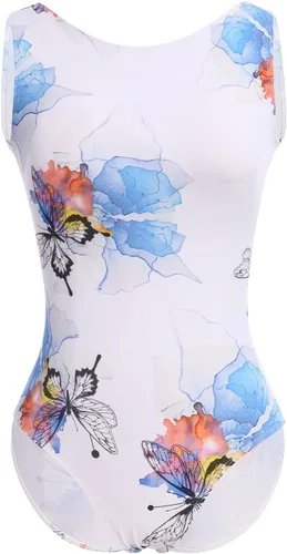 Miniatura 45 de AFAVOM Leotardos de ballet para mujeres adultas con estampado de flores de mariposa sin espalda, leotardos de gimnasia con brasier y prácticas