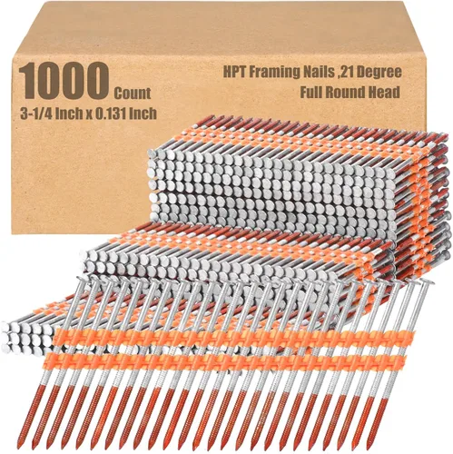 Therwen 1000 unidades de clavos de marco de 21 grados con cabeza redonda completa y vástago anillado, clavos galvanizados en caliente y fijados en