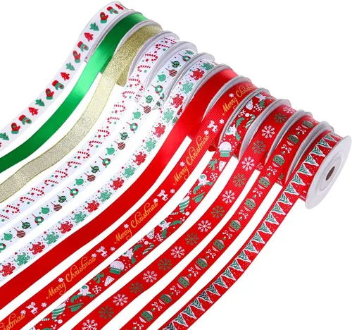 Unomor 20 rollos de cintas navideñas de grogrén de poliéster para envolver lazos para el cabello, manualidades, decoraciones de fiesta, multicolor