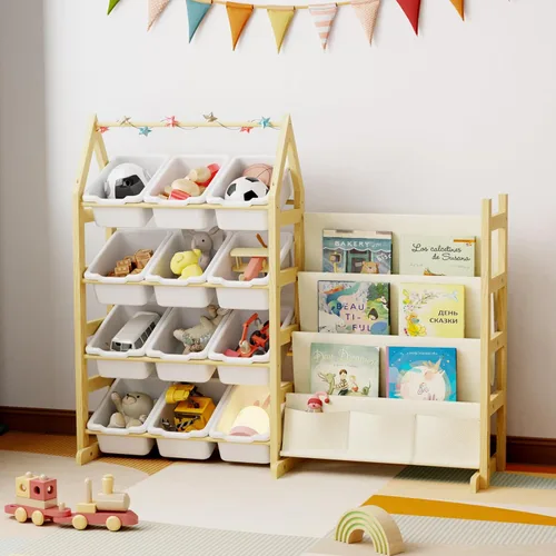 Organizador de Almacenamiento de Juguetes de Madera Estantería para Niños, con 12 Contenedores Organizadores de Juguetes, Estante de Libros para
