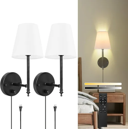 Miniatura 10 de Juego de dos apliques de pared regulables, apliques de pared enchufables con pantalla de tela blanca, lámpara de pared para dormitorio, sala