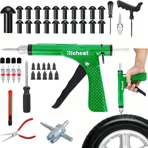 Richcat Kit de reparación de pinchazos de neumáticos sin cámara con tapón de seta, repara pinchazos y neumáticos planos para motocicletas,