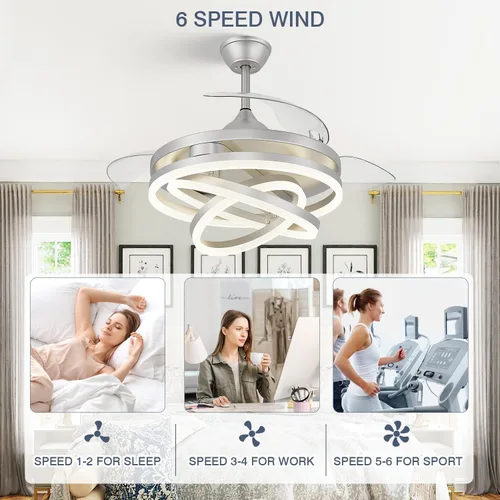 Miniatura 8 de FIDGRA Ventilador de techo retráctil de 42 pulgadas, ventiladores de techo con luces, motor de CC silencioso, 6 velocidades, 3 cambios