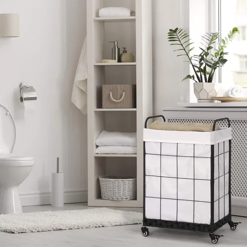 Miniatura 9 de Cesta de lavandería resistente con ruedas enrollables con cerradura, cesta de lavandería duradera y plegable con bolsa extraíble y asa de metal