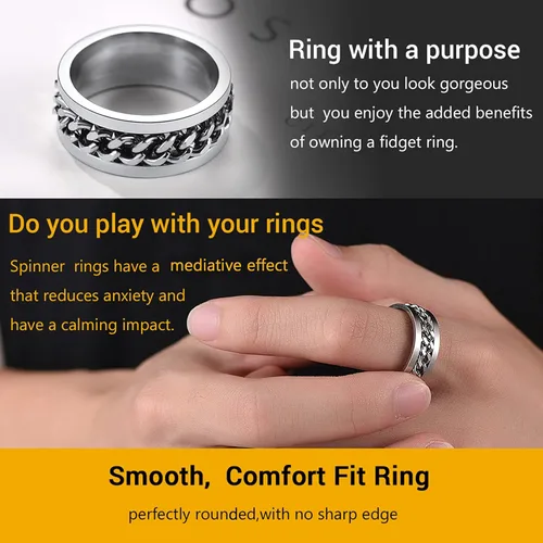 Miniatura 3 de PROSTEEL Anillo giratorio para hombre, anillos para ansiedad, cadena de eslabones cubanos giratoria de 0.315 in, anillo grueso, tamaño 6-14, grabado