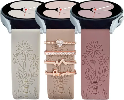 Miniatura 13 de Correas para Samsung Galaxy Watch 7/6/5/4/FE Banda 40mm 44mm con Charms, Correa de Reemplazo de Silicona con Flores Grabadas de 20mm para Mujeres