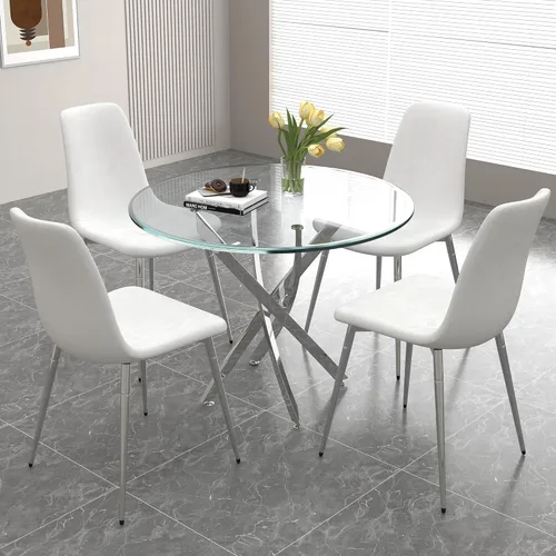 Miniatura 24 de Juego de mesa de comedor de cristal para 4, juego de mesa de cocina redonda dorada de 5 piezas con 4 sillas tapizadas negras, mesa de comedor