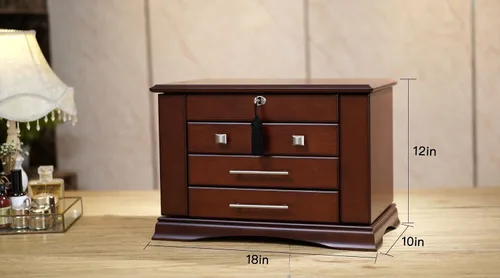 Miniatura 5 de Joyero grande con acabado de madera de caoba con espejo de cerradura hecho de francés