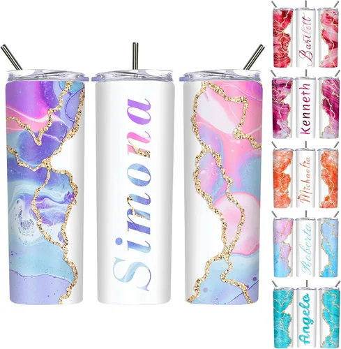 Miniatura 19 de Vasos delgados personalizados con tapas y pajitas de 20 onzas, diseño de mármol personalizado, vasos de acero inoxidable delgados con nombre