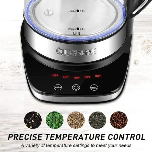 Miniatura 2 de QUEENSENSE - Teteras eléctricas de vidrio para agua caliente con luz LED azul de 1,7 L